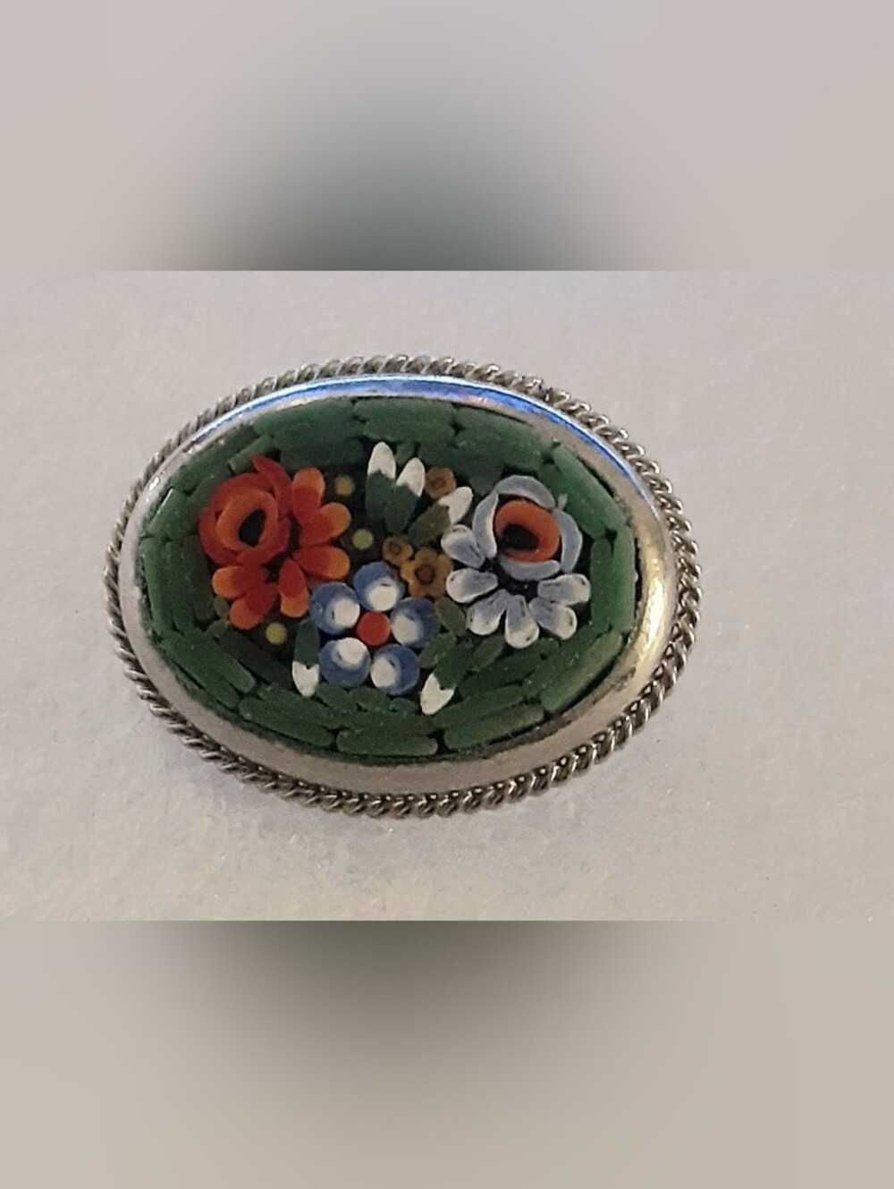 Handcrafted Floral Micro-Mosaic Oval Pin in Green